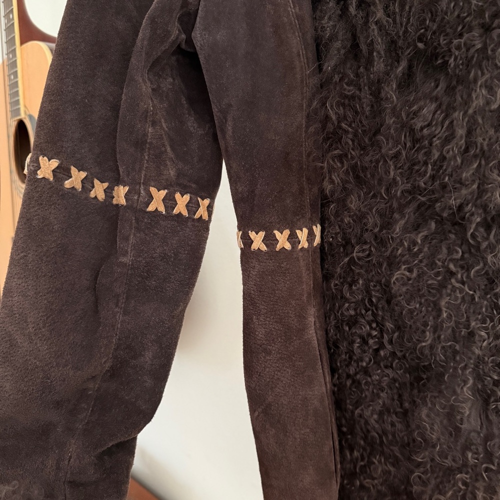 Y2K Genuine Suede Leather Chocolate Brown long Coat with suede stitch Lamb Fur - Picture 5 of 11